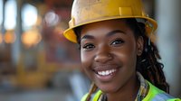 Young African American female construction worker wearing yellow hard hat and safety vest smiles confidently at construction site, showcasing diversity in trades and engineering.