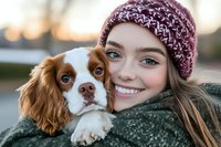 Young Caucasian woman with knitted burgundy hat embracing Cavalier King Charles Spaniel puppy outdoors during sunset.