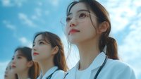 Young Asian women in business attire looking up at sky with confident expressions against blue cloudy background, representing aspiration and professional success.