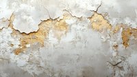 Weathered wall surface with peeling paint and exposed plaster showing natural aging process, creating abstract textural pattern in white and golden tones.