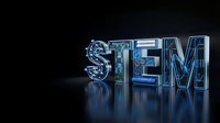 Metallic STEM letters with blue glowing circuits and technological elements on dark reflective surface for education and science technology concepts.