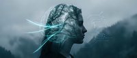 Digital human head silhouette with glowing neural network connections and data streams against misty mountain landscape for AI technology concepts.