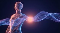 Glowing human figure emitting energy waves on dark background, representing consciousness, spirituality, healing, wellness, and mind-body connection for medical and wellness content.
