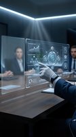 Business executive touching holographic interface with data analytics during corporate meeting in modern conference room.