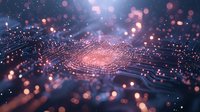 Abstract technology background with glowing circuit pattern and bokeh lights in coral pink and navy blue colors, creating futuristic digital network visualization.