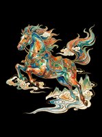Ornate galloping horse with traditional Asian art style, gold details, clouds and mountains, isolated on transparent background. For stickers, t-shirt design, print on demand.