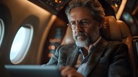 Mature Caucasian businessman with gray beard and glasses sitting in luxury private jet cabin during flight for corporate travel and executive lifestyle.
