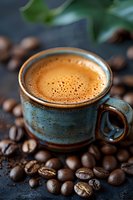 Fresh espresso with golden crema in rustic blue ceramic cup surrounded by roasted coffee beans on dark background, macro food photography.