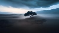 Lone tree silhouette on misty desert dunes at dawn with dramatic stormy sky and mountains in background creates moody minimalist landscape scene.