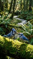 Two blue jays sharing food on moss-covered log in lush forest stream environment with dappled sunlight filtering through green canopy.