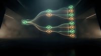 Futuristic neural network diagram with glowing nodes and connections on dark background for technology presentations and AI concepts.