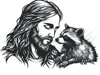 Bearded man with long hair gently touching noses with raccoon in tender moment. Black and white line art illustration isolated on white background.