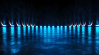 Glowing blue lights reflected on dark water surface create dramatic atmosphere with symmetrical illumination pattern. Suitable for technology and entertainment backgrounds.