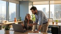 Young professional man and woman collaborating at laptop in modern office with city skyline view. Business teamwork and workplace partnership concept.