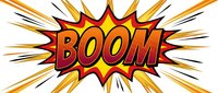 Comic book explosion with BOOM text in red and orange burst design for pop art graphics and superhero themed projects.