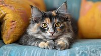 Fluffy calico cat with bright yellow eyes resting on blue couch against autumn pumpkin decor background. Long-haired feline with distinctive facial markings and relaxed pose.