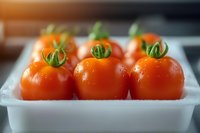 Fresh ripe cherry tomatoes with green stems arranged in white plastic container, close-up view with soft natural lighting and shallow depth of field.