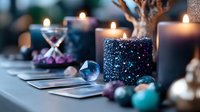 Mystical arrangement with glitter black candles, tarot cards, healing crystals in purple and turquoise colors on dark table creating spiritual atmosphere.