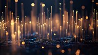 Magical glowing light pillars rising from dark surface with bokeh effect and golden particles create dreamy atmospheric background for fantasy designs.