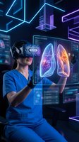 Female doctor using VR headset examining holographic lung anatomy in futuristic medical laboratory with neon lighting for healthcare technology applications.
