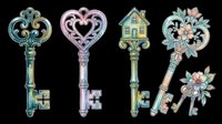 Decorative vintage keys set with heart, house, and floral designs, isolated on transparent background, ready for stickers, t-shirt design, and print on demand.