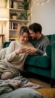Happy couple sharing warm drinks on cozy green sofa in modern living room with fairy lights and plants creating intimate romantic atmosphere at home.