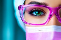 Close-up of woman's eye with vibrant green iris wearing bright magenta eyeglasses and medical mask against turquoise background for healthcare and fashion concepts.