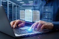 Professional man working on laptop with holographic digital documents and data interfaces in modern server room for business technology solutions.