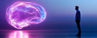 Man silhouette standing in front of glowing neon brain shape floating in dark space with purple and blue light reflection on glossy surface.