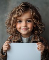 Smiling young girl with curly brown hair wearing plaid jacket holds blank white paper against gray background. For advertising, education or childhood concepts.
