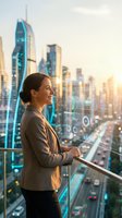 Professional businesswoman analyzing digital data overlays on city skyline at sunset from office balcony for corporate strategy and urban technology concepts.