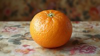 Fresh ripe orange mandarin on vintage floral fabric background with soft natural lighting, close up view showing detailed citrus fruit texture and peel.