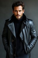 Handsome confident man in black leather jacket and turtleneck sweater posing against dark background for fashion and lifestyle concepts.