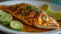 Grilled whole fish with herbs and lime slices on white plate. Fresh seafood dinner with citrus garnish and green seasoning for restaurant menu and cooking.