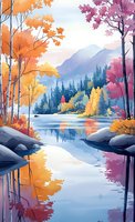 Serene autumn landscape with colorful foliage reflecting in calm mountain lake water. Misty mountains and evergreen forest create peaceful wilderness scene.