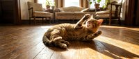 Ginger tabby cat lying on wooden floor in sunlight, stretching playfully in modern living room with furniture and windows.