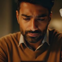 Middle Eastern man with beard in brown sweater looking down thoughtfully in warm ambient lighting, creating mood of contemplation or concern.