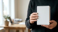 Person of mixed ethnicity holding blank white tablet device with both hands, wearing dark charcoal sweater, displaying product for mockup or promotional use in bright office setting.