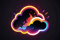 Vibrant neon cloud shape with glowing rainbow outline and flame element against dark background, modern design style for creative digital projects.