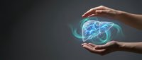 Human hands protecting glowing blue brain with neural networks on dark background representing mental health care and cognitive protection concepts.