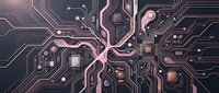 Futuristic circuit board with glowing pink and purple pathways, electronic components and microchips creating high-tech digital network pattern.