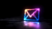 Glowing neon mail envelope icon with colorful light effects on dark background, digital communication concept for business and technology marketing.