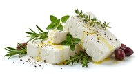 Fresh white cheese cubes with herbs, olive oil and olives on white background. Healthy Mediterranean appetizer with rosemary, basil and black pepper.