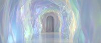 Futuristic tunnel with iridescent holographic walls creating rainbow light reflections and ethereal atmosphere for sci-fi design projects.