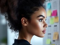 Side profile of young African American businesswoman with natural curly hair in office setting against blurred sticky notes background. Professional workplace portrait.