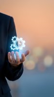 Business professional in dark suit holding glowing gear and clock icon, symbolizing time management, efficiency, and workflow optimization for corporate solutions.