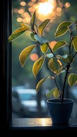 Green plant leaves backlit by warm sunset light on windowsill, creating magical bokeh effect and glowing translucent foliage in dark ceramic pot, moody atmosphere.
