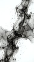 Abstract black ink flowing in water creating organic swirls and patterns with scattered droplets on white background for artistic design projects.