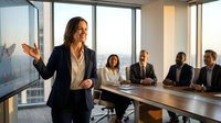 Middle-aged woman with dark hair and South Asian ethnicity, wearing business attire, presenting to corporate team in modern office conference room with city views and large windows.