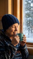 Senior Caucasian woman in knit hat enjoying hot beverage by window during winter snowfall, cozy indoor atmosphere with warm natural lighting.